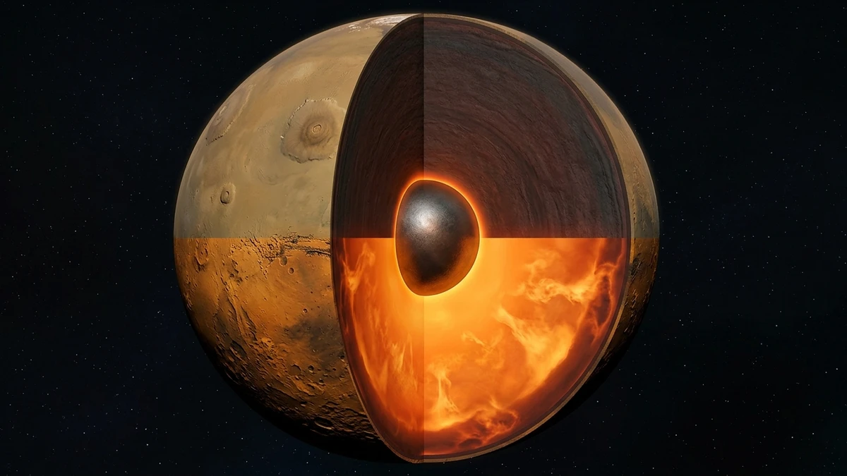 Cutaway diagram of Mars comparing the hotter, partially molten mantle under the southern highlands with the cooler mantle under the northern plains