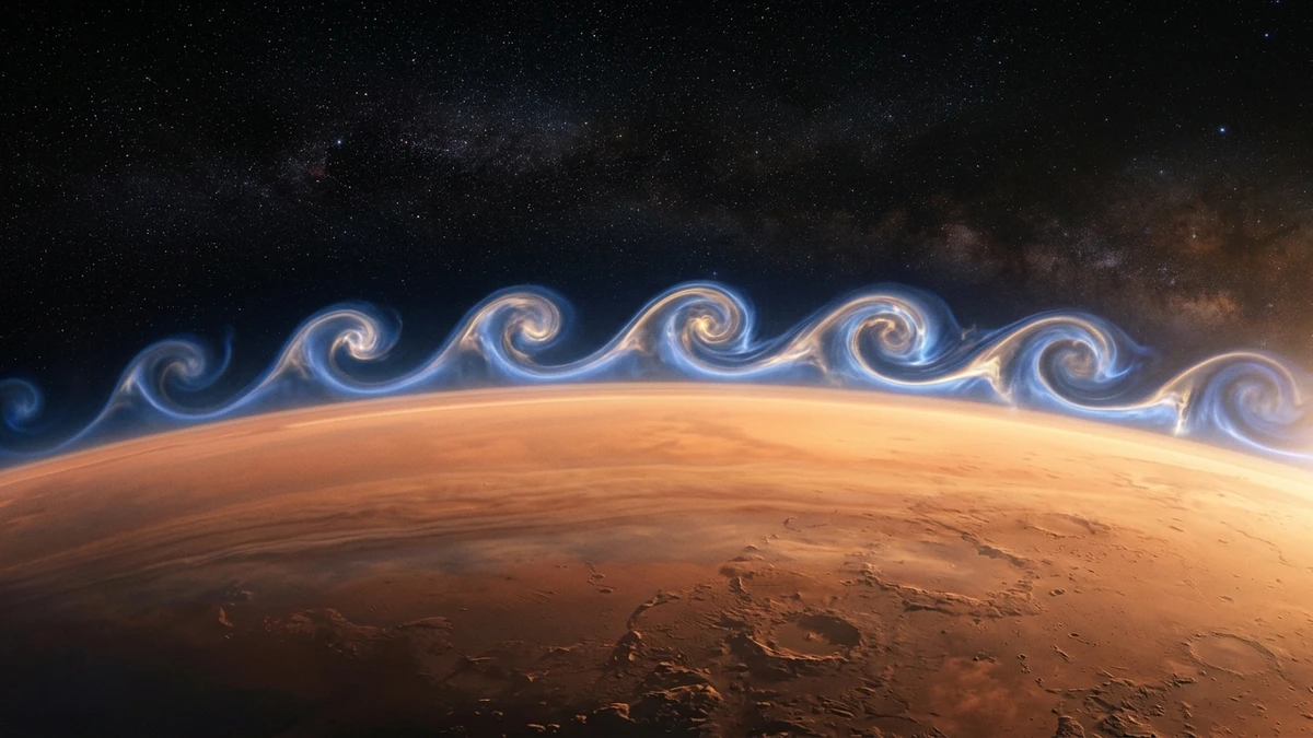Illustration of wave-like ripples of glowing ionised gas curling along the boundary between the solar wind and the upper atmosphere of Mars