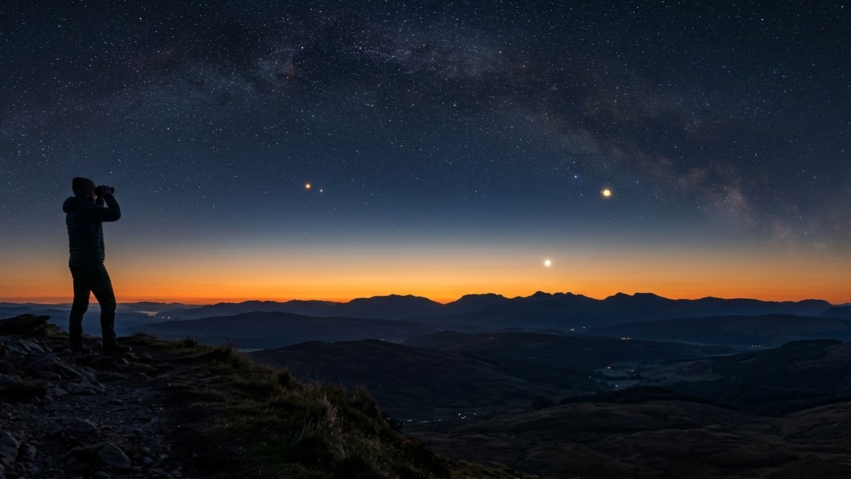 Wide view of the predawn eastern sky showing Mercury, Mars, Neptune and Saturn spread across the horizon