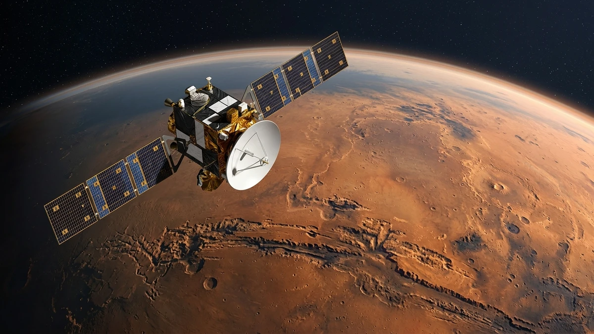 Illustration of a NASA orbiter above Mars with its path subtly deflected by variations in the planet's gravity field