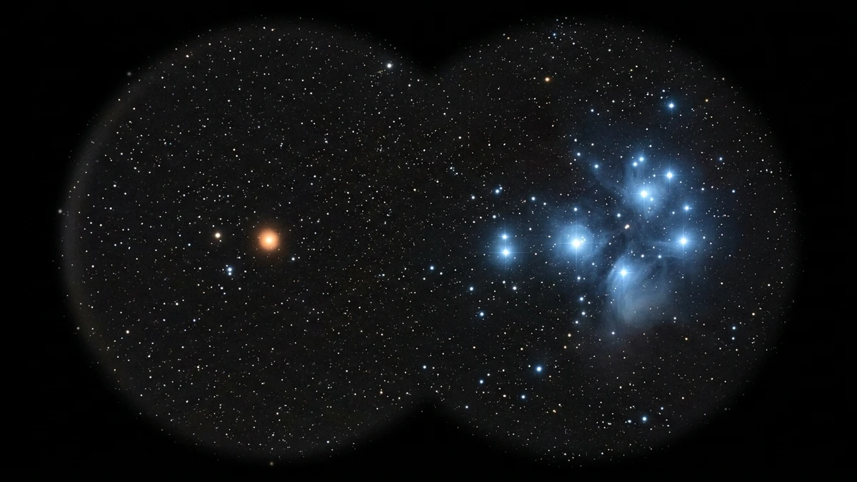 Circular binocular field of view showing orange Mars and the blue Pleiades cluster together in the same frame