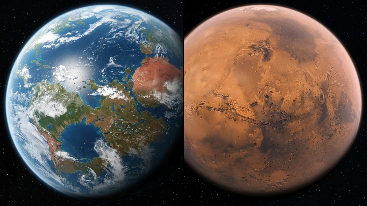 Split view of Mars as a warm wet world with oceans and clouds billions of years ago on the left, and as today's dry red desert planet on the right