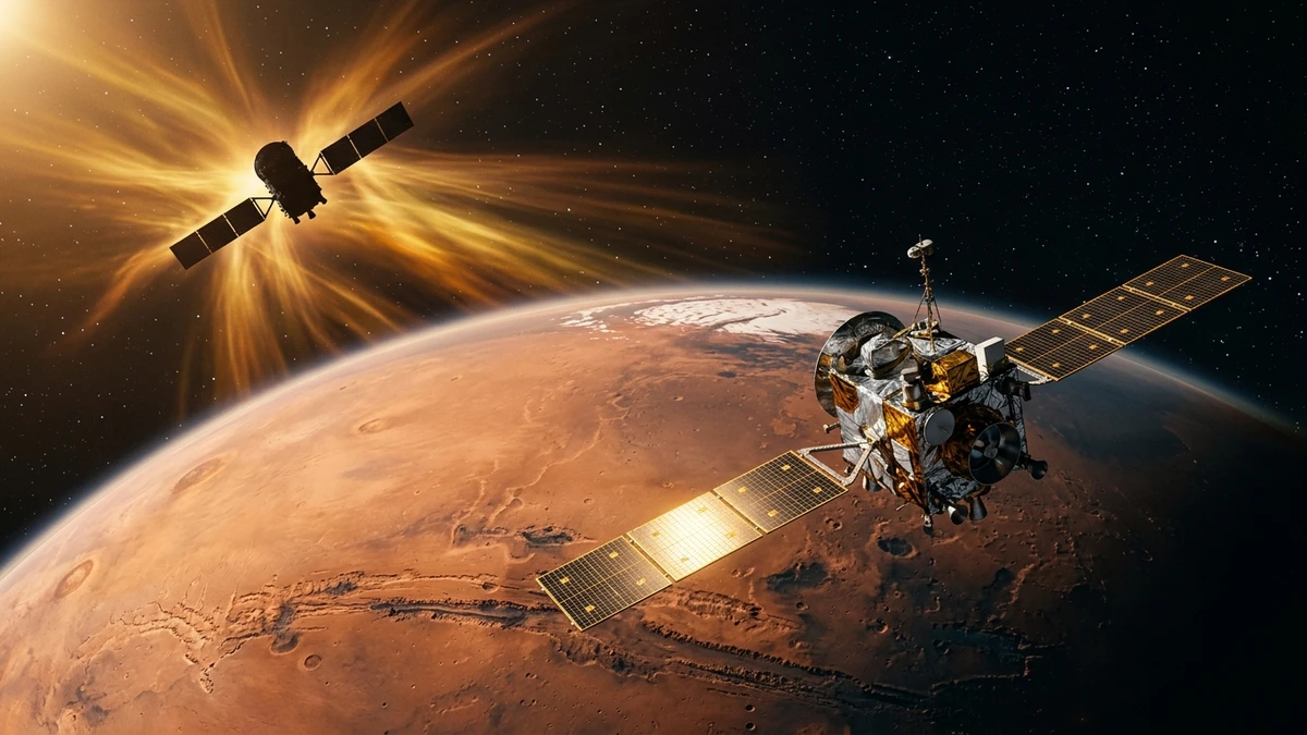 Two spacecraft in orbit around Mars, one monitoring the incoming solar wind while the other measures ions escaping from the planet's upper atmosphere