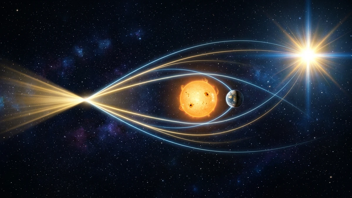 An illustration of gravitational microlensing: light from a distant background star bending around a nearer foreground star and its small planet, brightening as seen from Earth