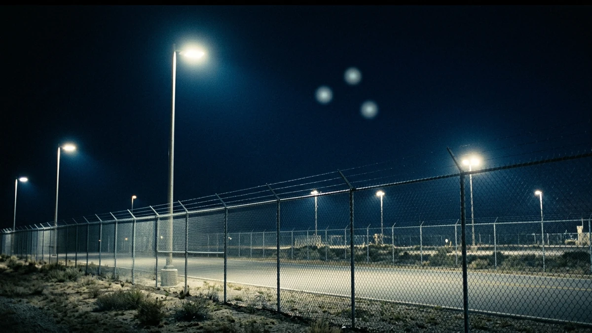 A floodlit military base perimeter fence at night with faint unidentified lights in the sky above