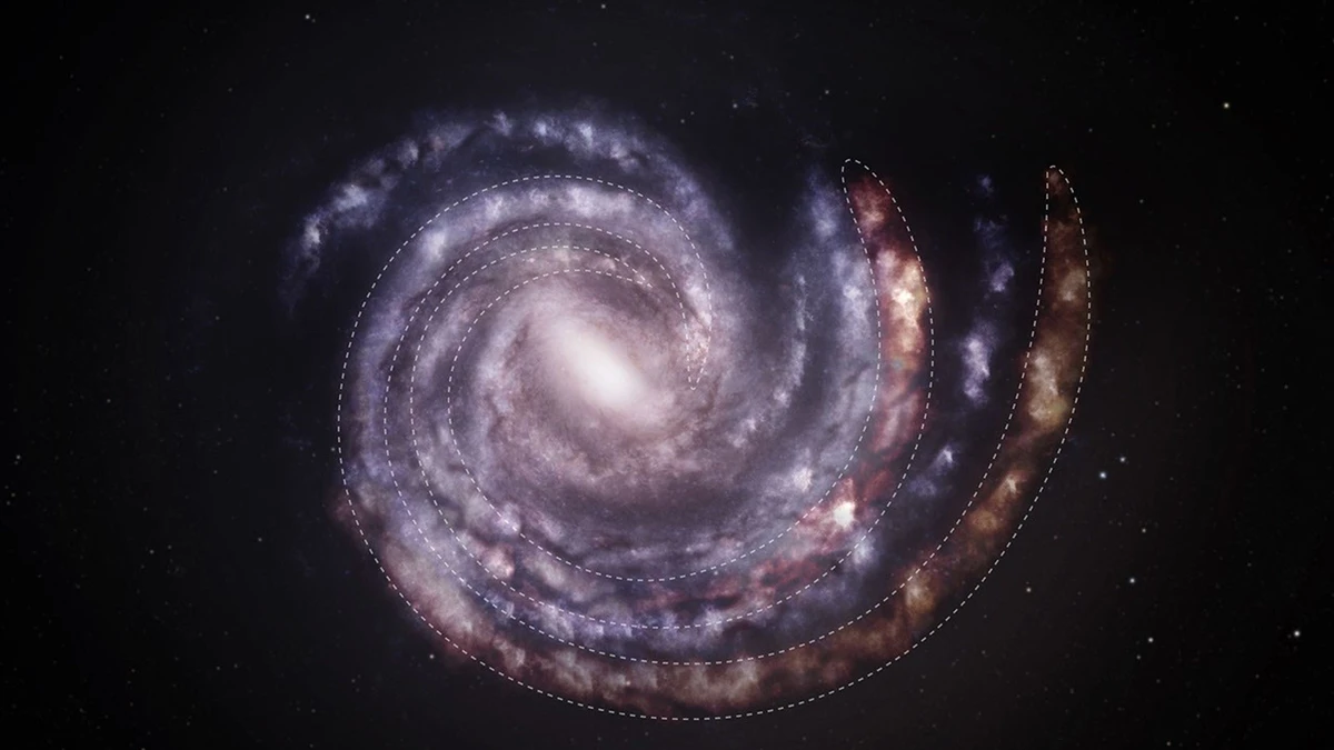 Artist's concept of the Milky Way seen from above, with the previous positions of the two outermost spiral arms shown in blue and the new, more distant positions overlaid in red with dashed borders