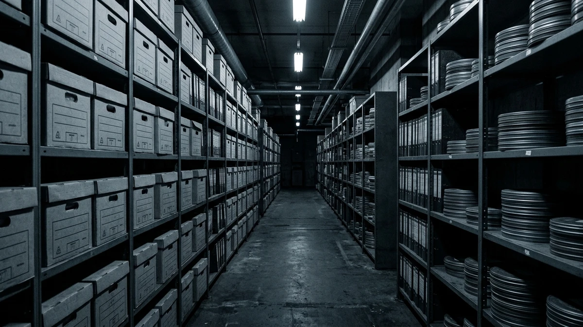 Rows of archive shelves holding film canisters and document boxes, receding into shadow