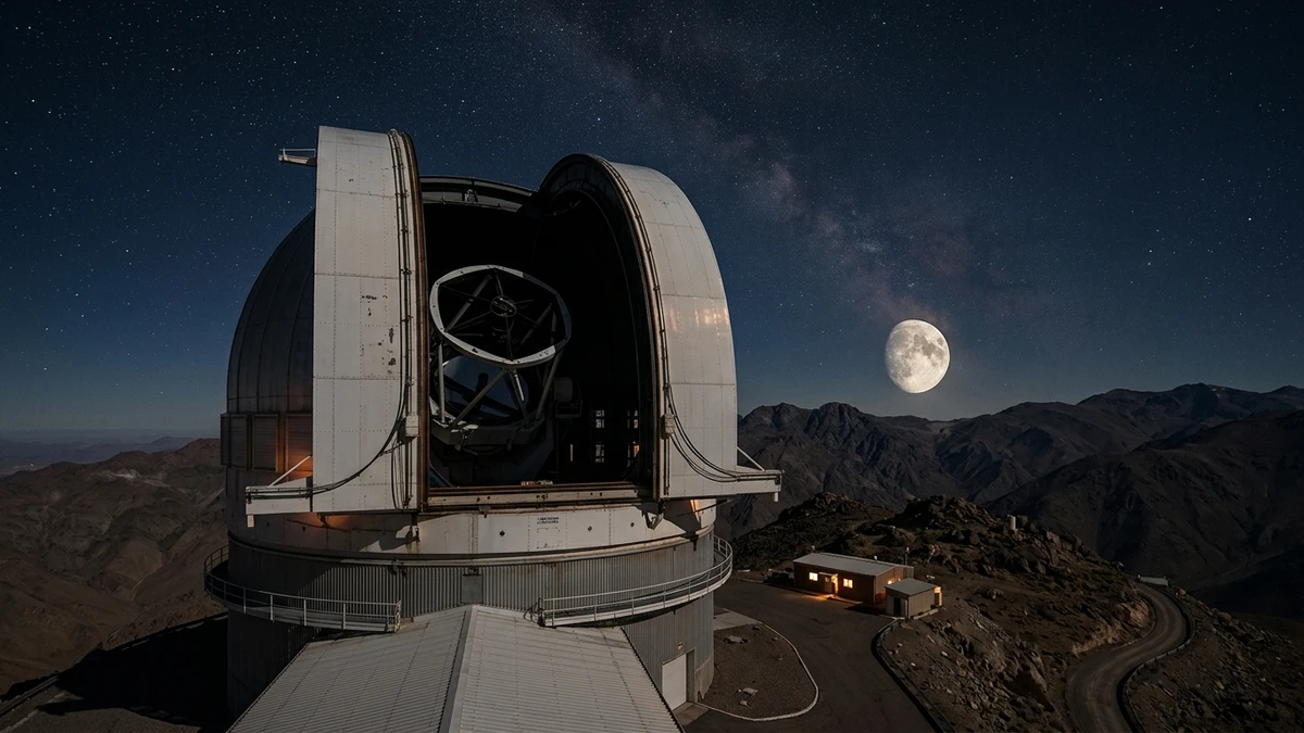 A large observatory dome open under a starry sky with the Moon low on the horizon