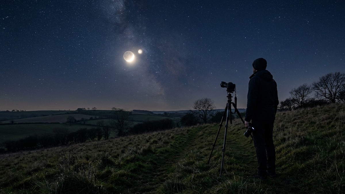 A photographer with a camera on a tripod capturing the Moon and Jupiter together in the night sky