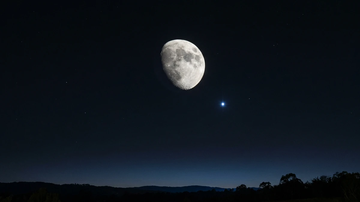 Simple sky chart showing the Moon high in the southern sky with Spica just below and to its right after sunset