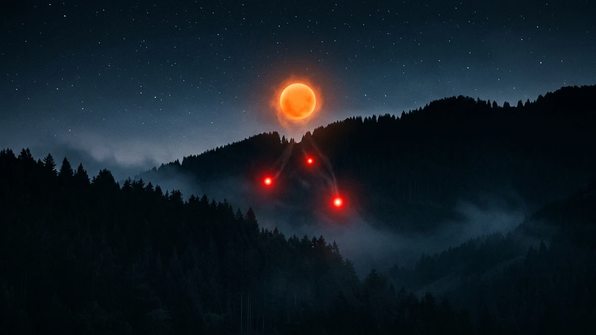 A large glowing orange orb releasing smaller red orbs above a dark mountain ridgeline at night