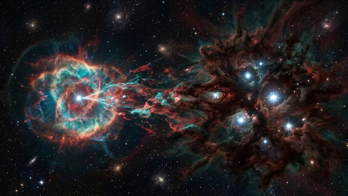 A glowing planetary nebula shedding streams of gas outward into a dark star-forming cloud where new stars are beginning to shine