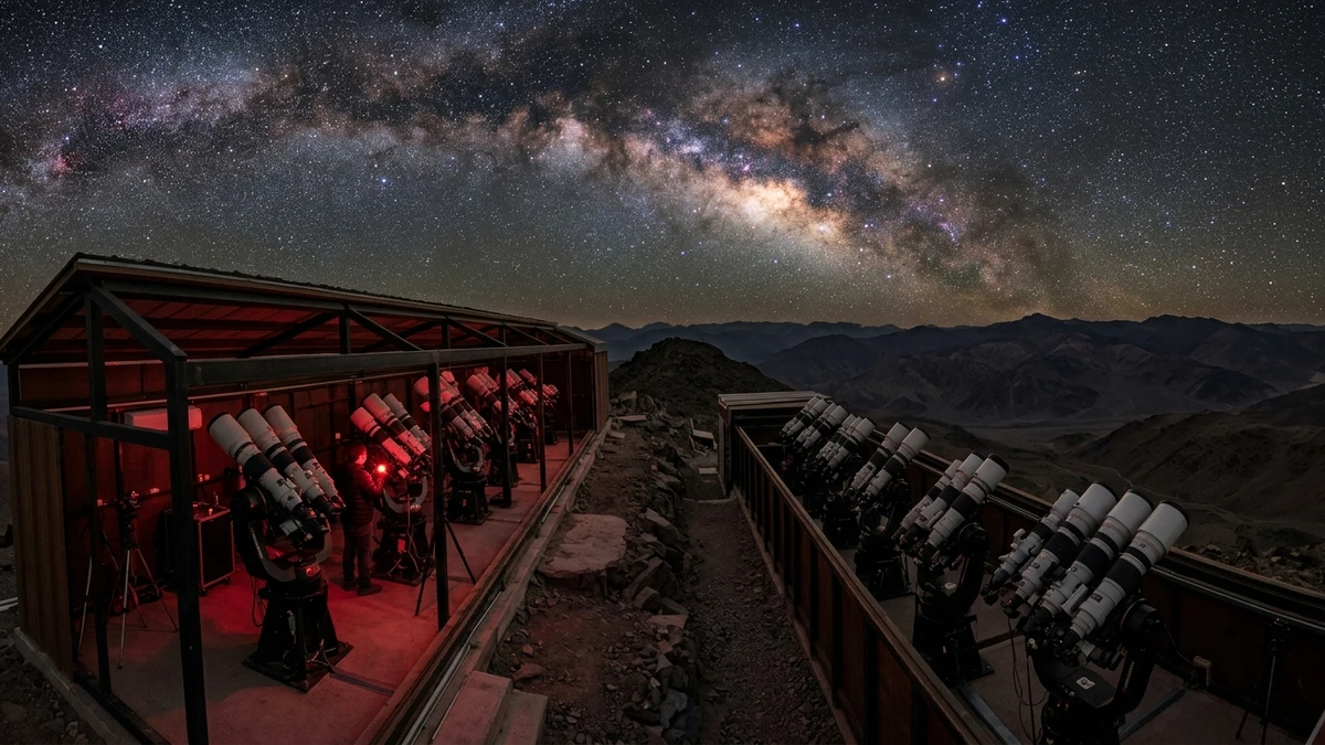 Rows of large camera telephoto lenses mounted together on telescope mounts under a dark starry sky at an observatory in Chile