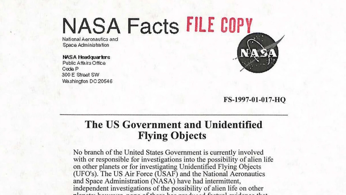 First page of NASA fact sheet FS-1997-01-017-HQ, The US Government and Unidentified Flying Objects, stamped File Copy, stating that no branch of the US Government is currently investigating UFOs