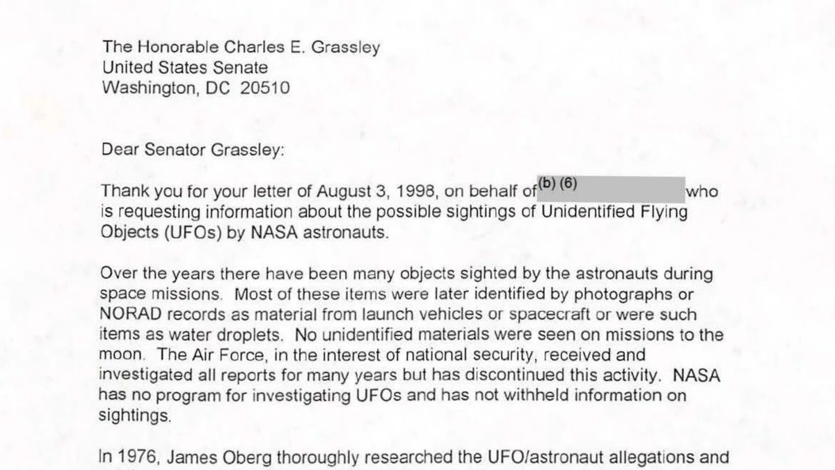NASA's letter of 4 September 1998 to Senator Charles E. Grassley, saying most objects seen by astronauts were later identified as launch vehicle material or water droplets and that no unidentified materials were seen on missions to the Moon