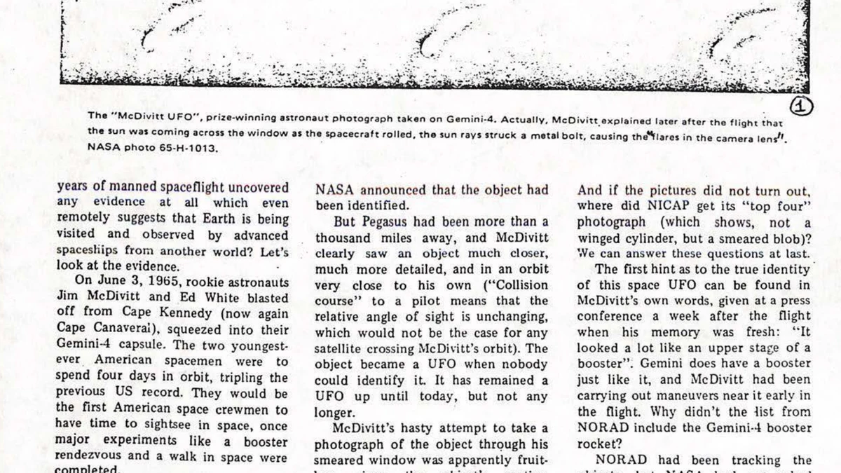 Page from James Oberg's 1976 article in the NASA file, showing the faint 'McDivitt UFO' photograph, NASA photo 65-H-1013, captioned as sunlight striking a metal bolt on the window, above the article text about Gemini 4
