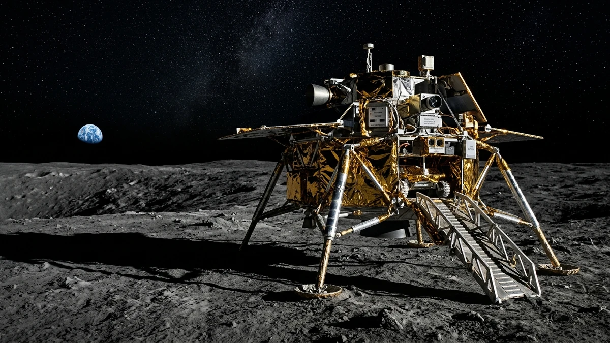 A robotic lunar lander resting on the Moon's surface near the south pole, with Earth visible low on the dark horizon