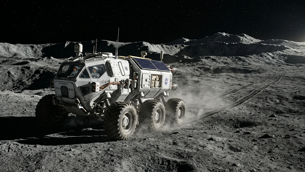 A next-generation NASA lunar rover driving across the grey cratered surface of the Moon's south pole region