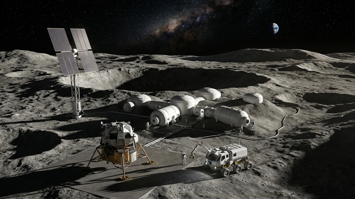 Illustration of a NASA Moon Base at the lunar south pole with habitat modules, a lander and solar arrays under a black sky with Earth on the horizon
