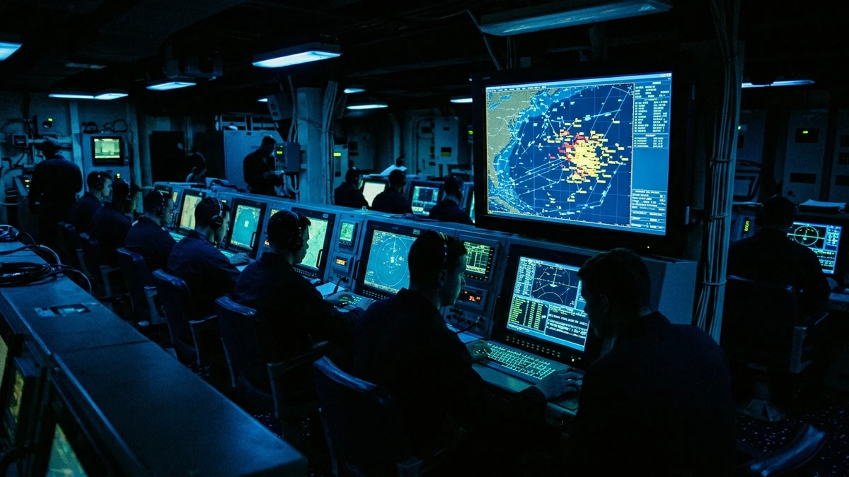 Navy sailors in a darkened combat information centre watching dozens of unidentified radar contacts on glowing displays