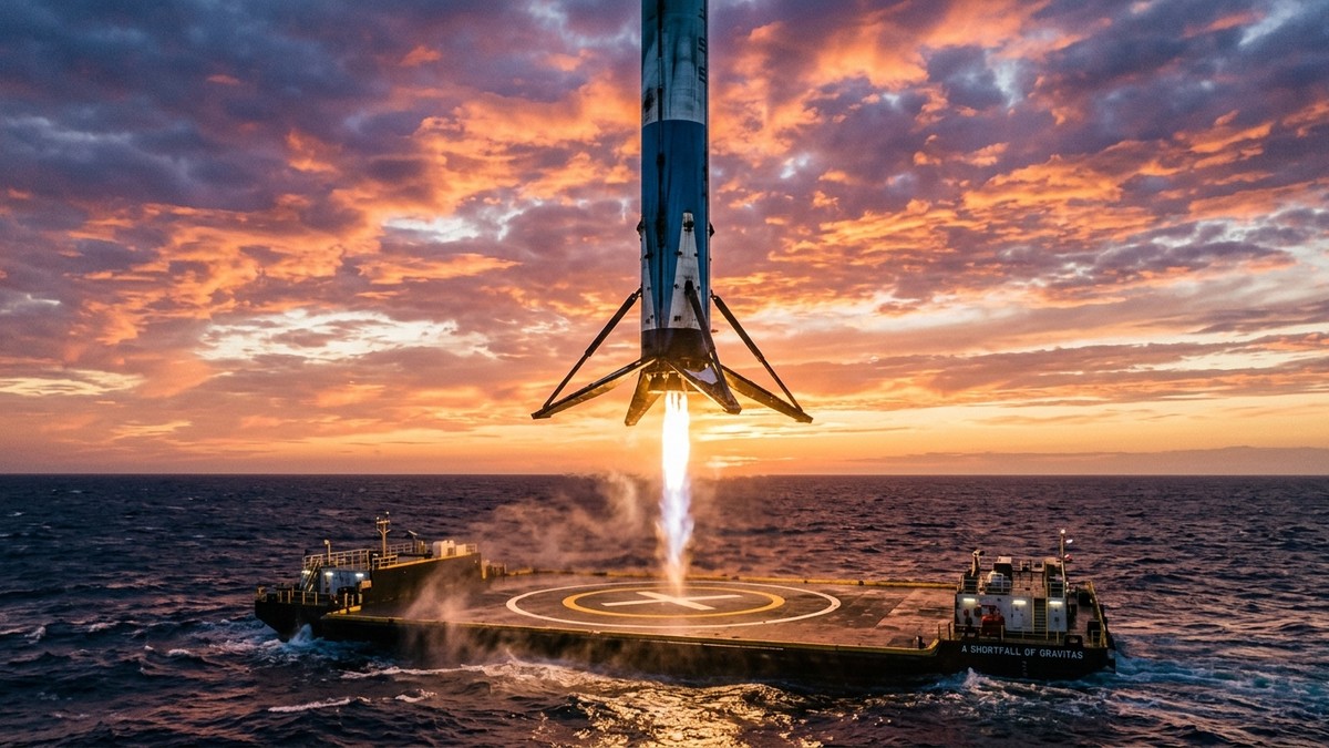 Illustration of New Glenn's first stage booster descending toward the droneship Jacklyn in the Atlantic Ocean, engines firing, at sunset