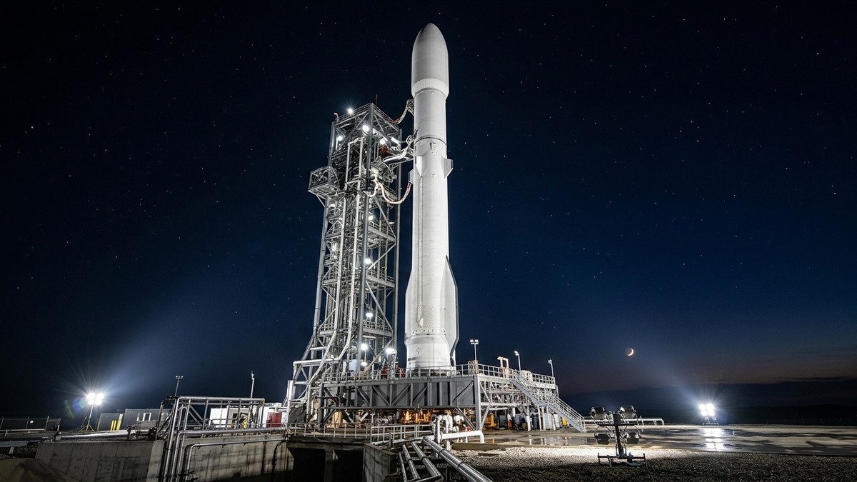 New Glenn rocket on the launch pad at LC-36, Cape Canaveral, lit up before dawn