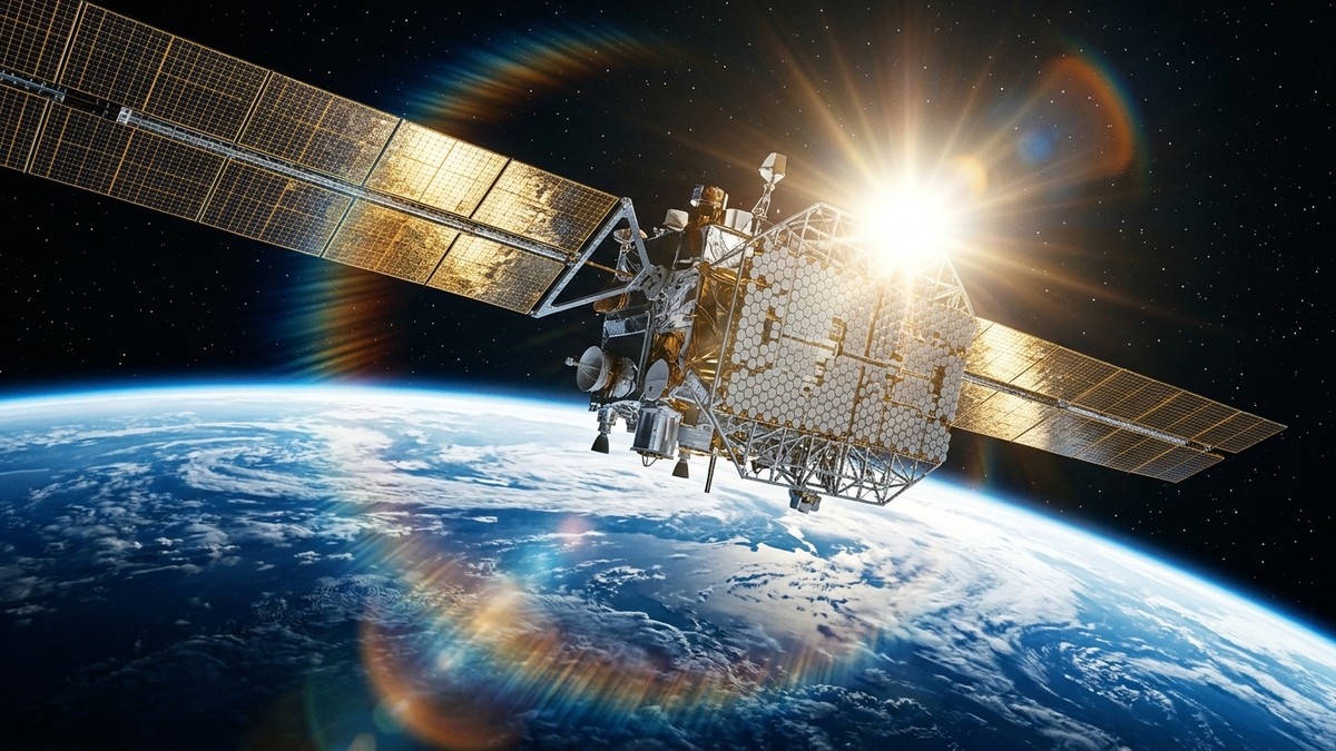 Artistic impression of the BlueBird 7 satellite deployed in low Earth orbit above the Earth's curved horizon, its large antenna array catching sunlight