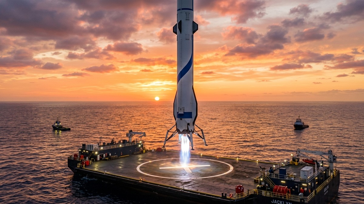 New Glenn first-stage booster descending toward the droneship in the Atlantic Ocean, landing legs deployed, engine firing