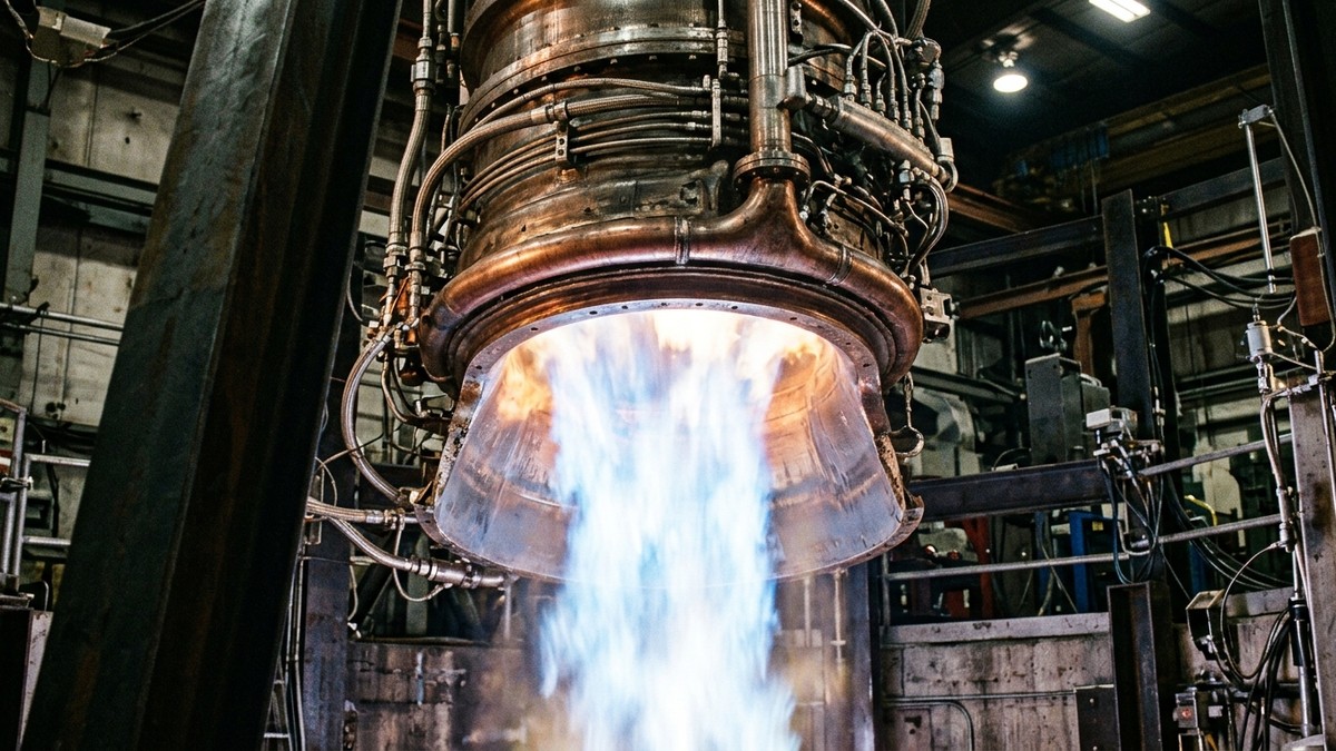Close-up of a BE-3U rocket engine nozzle in a test facility, blue-white hydrogen flame visible
