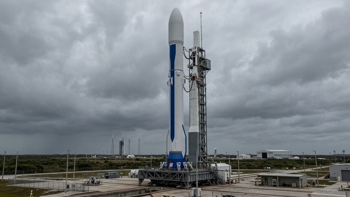 New Glenn rocket standing idle on the launch pad at Cape Canaveral under overcast skies, no activity around the pad