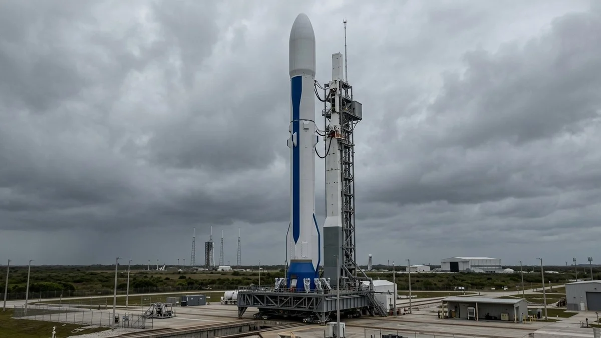 New Glenn rocket standing idle on the launch pad at Cape Canaveral under overcast skies, no activity around the pad