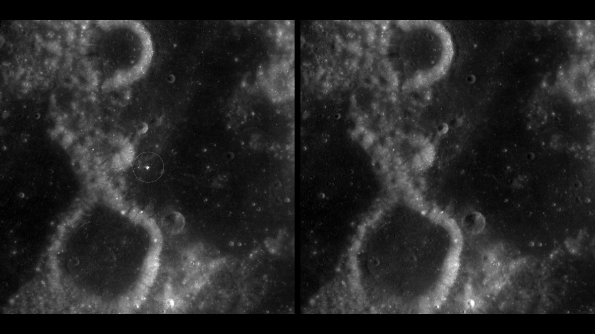 Two side-by-side black and white Lunar Reconnaissance Orbiter images of the same patch of the Moon, with a bright spot of ejected soil circled in the newer image on the left and nothing in the older image on the right