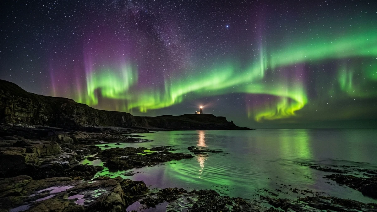 Green and purple aurora curtains over a dark UK coastline with a lighthouse and a calm sea