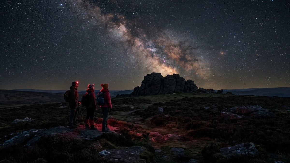 The Milky Way arching over a dark UK moorland with a small group of people and red torches in the foreground
