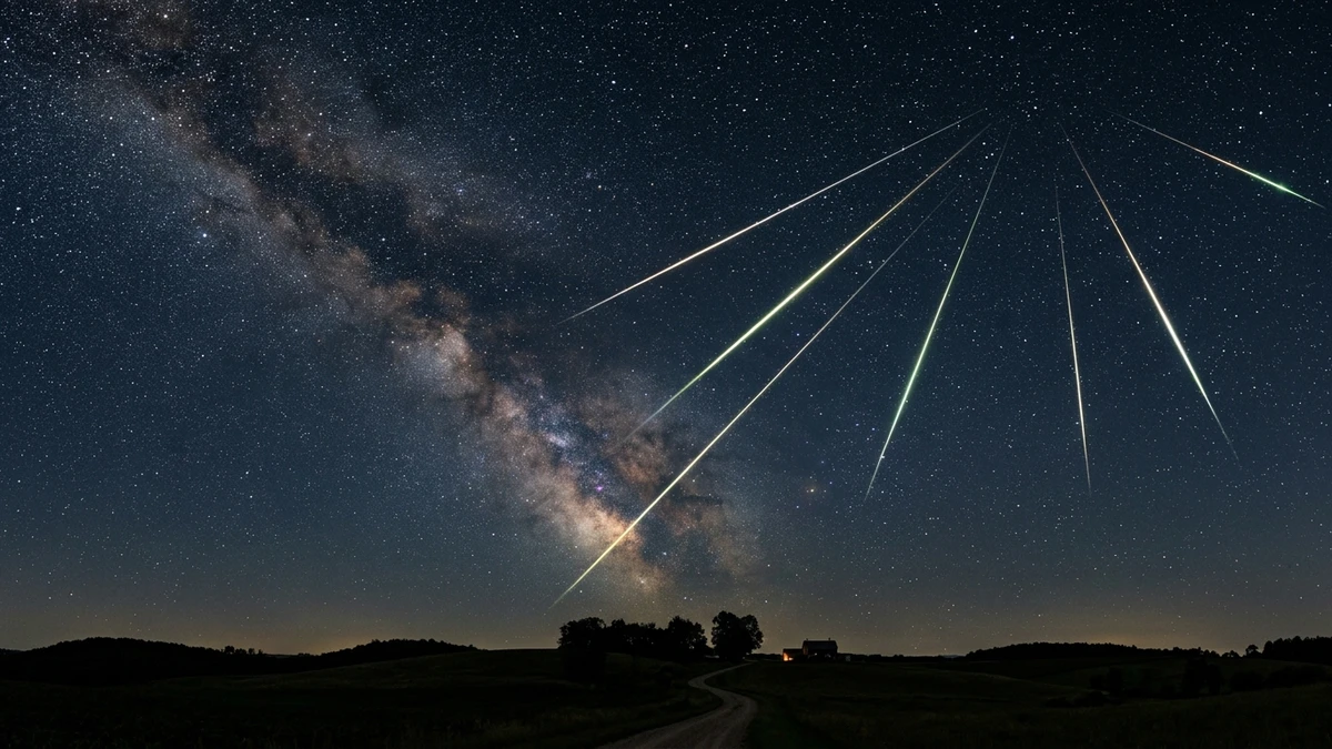Long, slow meteor streaks radiating from the constellation Bootes high in the western sky over a dark rural horizon