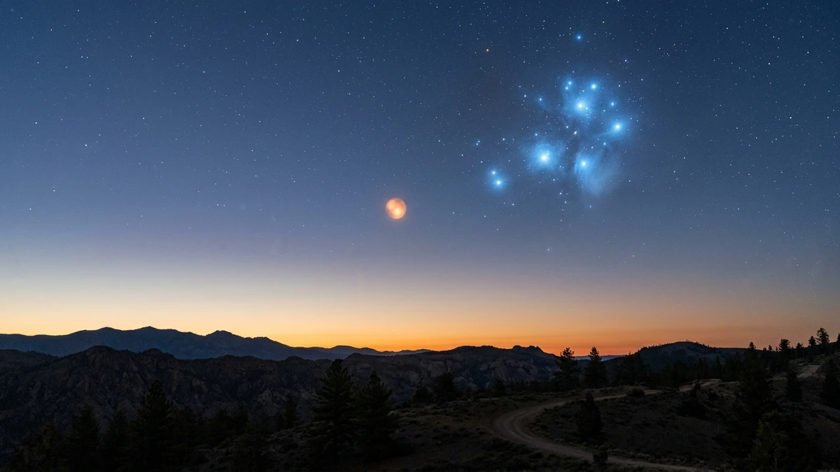 Reddish Mars positioned beside the blue Pleiades star cluster low in the dawn twilight over an eastern horizon