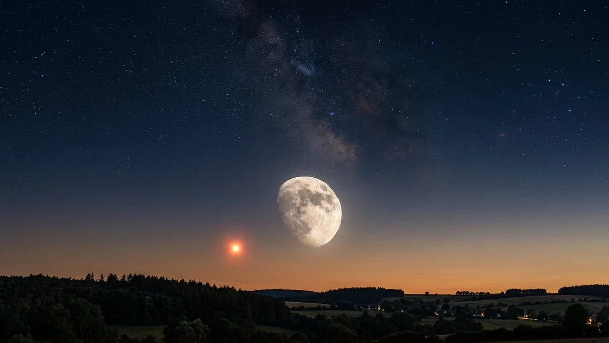 A bright gibbous Moon low in the southern sky beside the red supergiant star Antares above a silhouetted countryside horizon