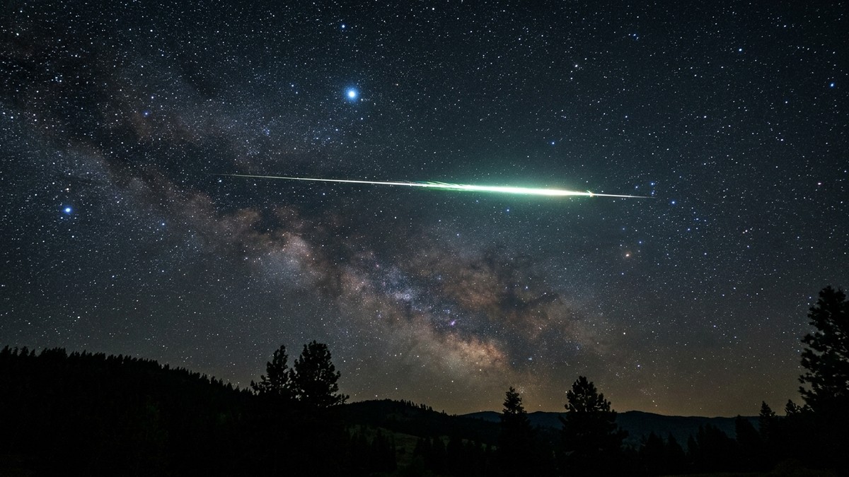 A bright Lyrid meteor streaking across the night sky near the star Vega with the Milky Way visible