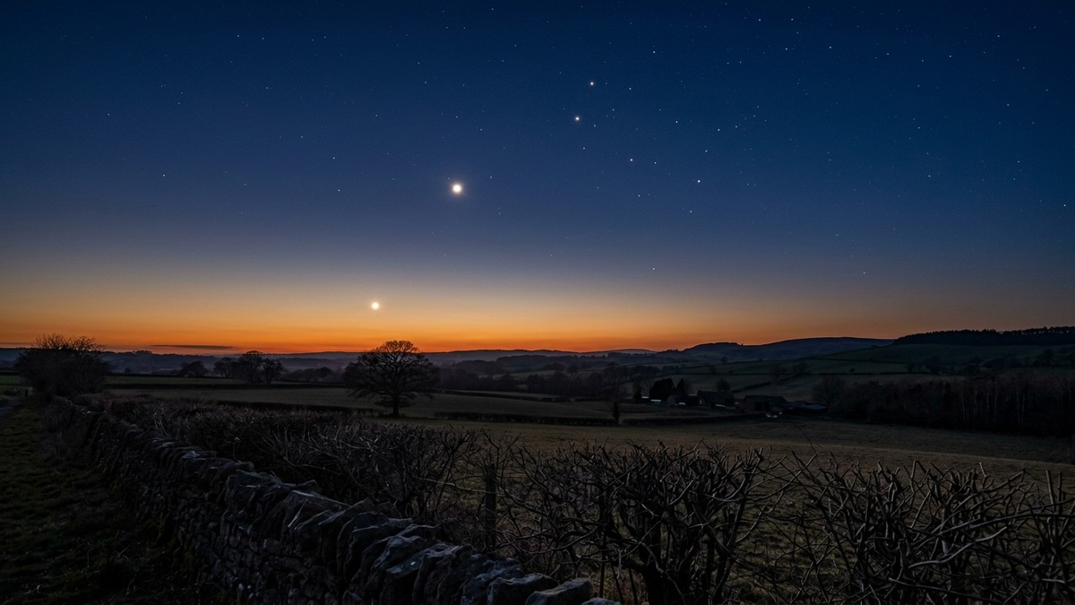 Venus blazing low in the west after sunset with Jupiter higher in the sky above a rural English landscape
