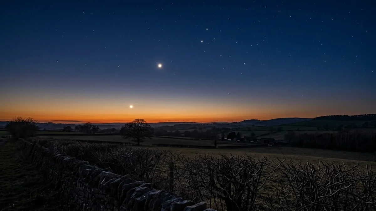 Venus blazing low in the west after sunset with Jupiter higher in the sky above a rural English landscape