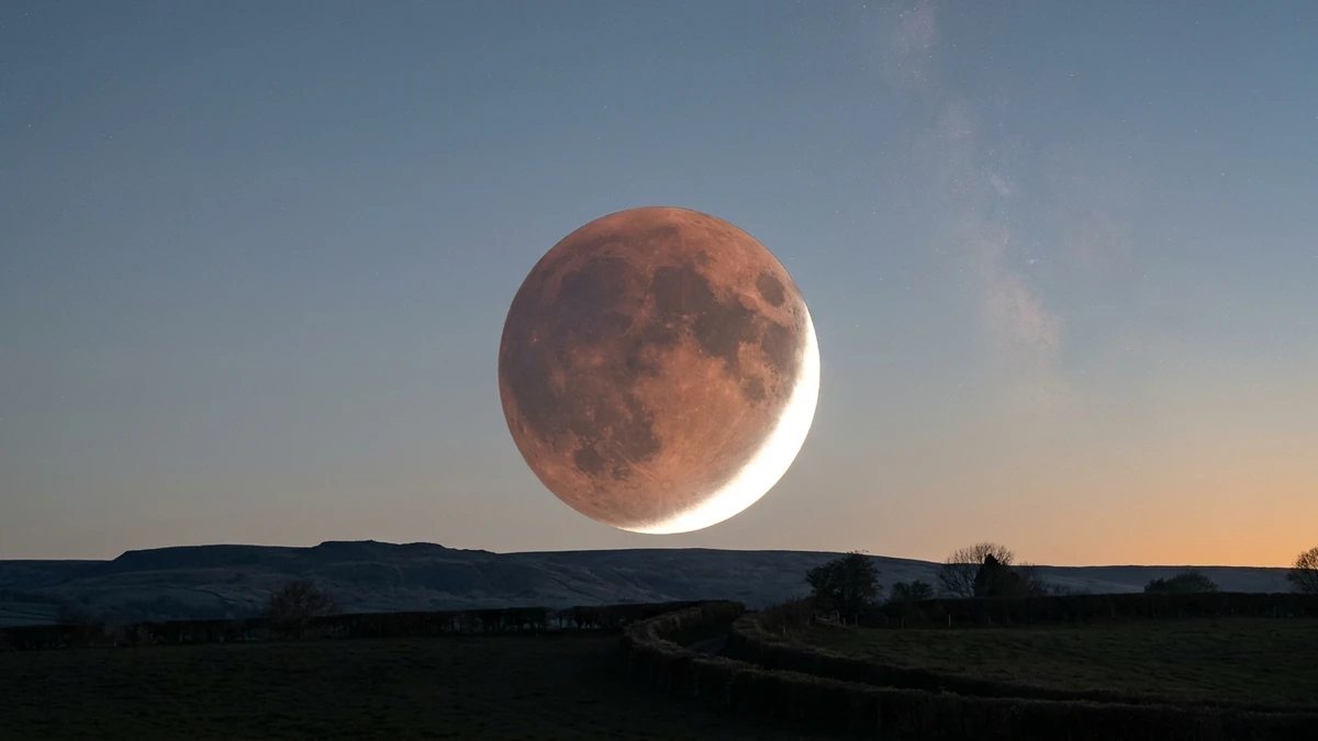 A deeply eclipsed copper-red Moon low over a western horizon in dawn twilight, with a thin bright sliver remaining on one edge
