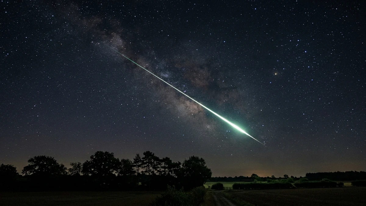 A bright meteor streaking across a dark starry sky above a silhouetted southern horizon