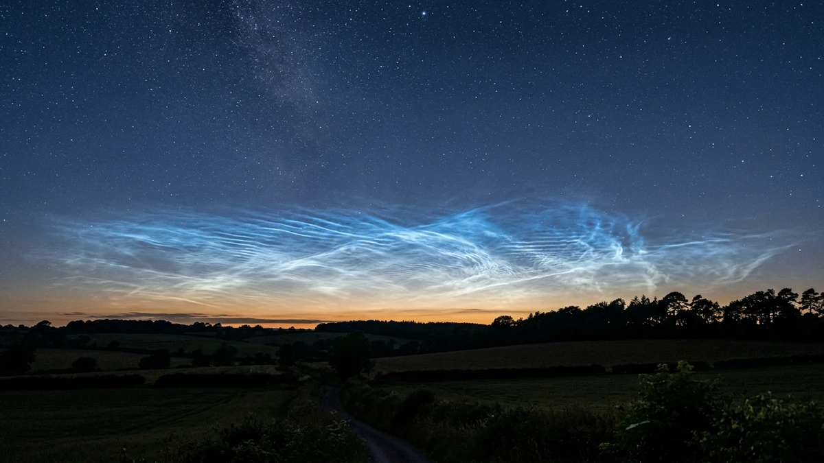 Noctilucent clouds glowing electric blue and silver low on the northern horizon after sunset above a dark landscape