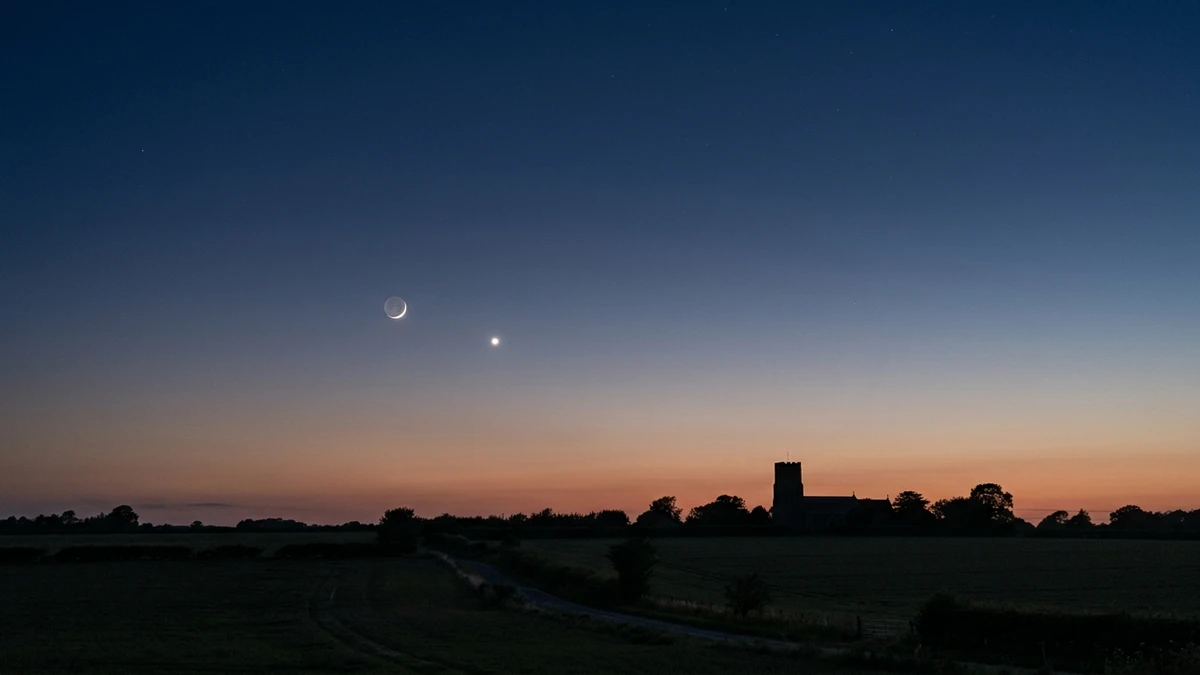 A thin crescent Moon hanging above brilliant Venus in deep blue twilight, low over a flat western horizon