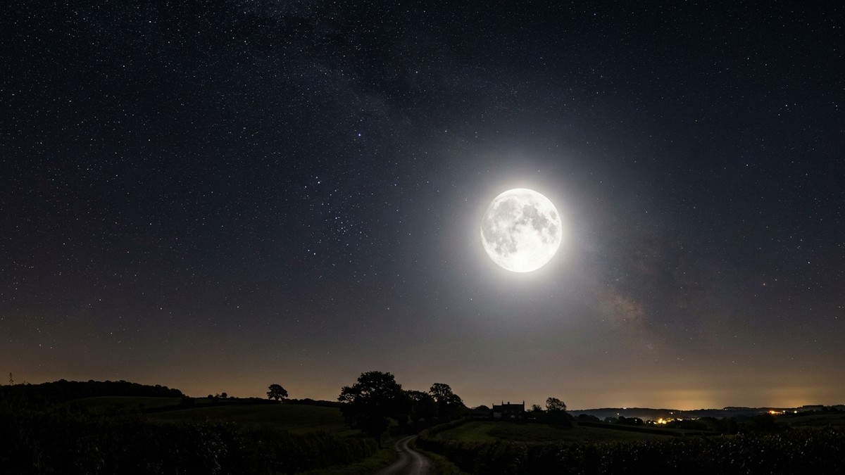 The gibbous Moon sitting near the Beehive Cluster M44 in the night sky