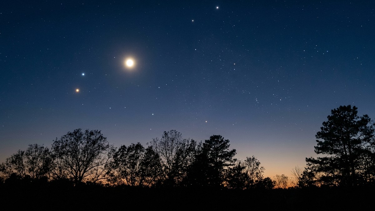 Jupiter as a brilliant point of light in the evening twilight sky with Gemini stars faintly visible