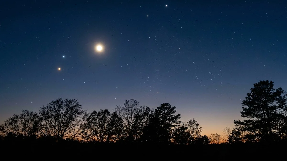 Jupiter as a brilliant point of light in the evening twilight sky with Gemini stars faintly visible