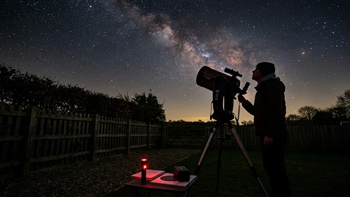 A person with a telescope under a dark starry sky observing galaxies
