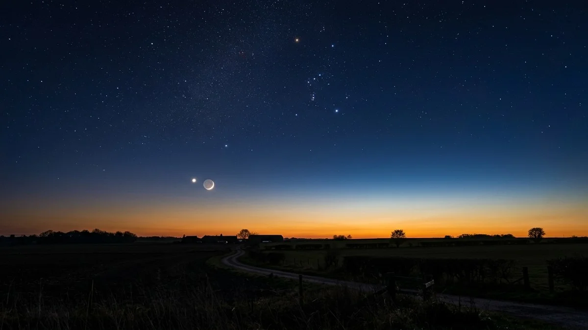 A waning crescent Moon near Saturn low on the eastern horizon before dawn