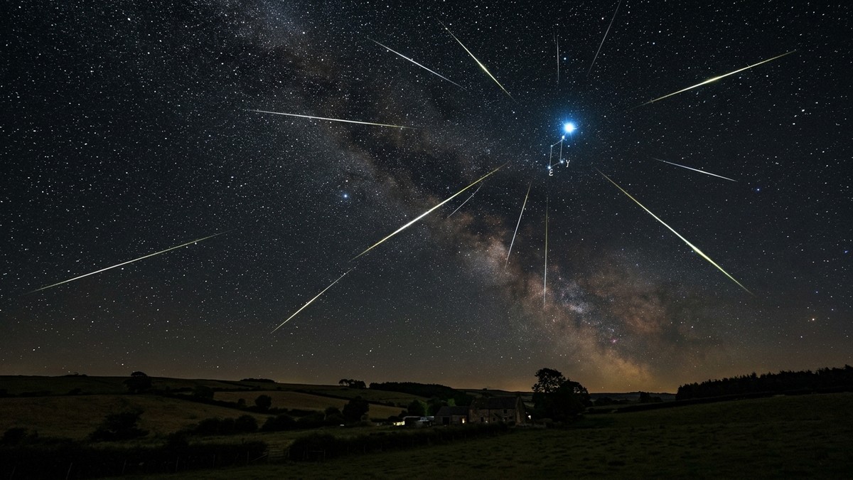 Lyrid meteors radiating outward from Vega across a dark April night sky